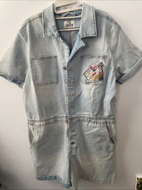 Jordache Light Blue Denim Shorts Romper Overalls Jumpsuit Patch one-piece New